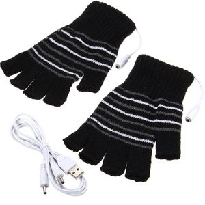 Fashion-5V USB Powered Heated Gloves Winter Unisex Warm Knitted Striped Mitts Hand Warmer Heating Gloves Fingerless Men Women's Mittens