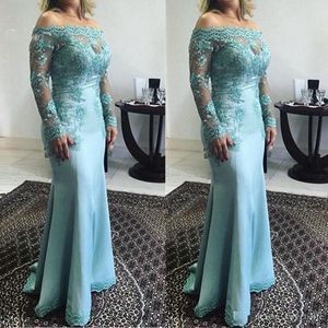 Elegant utanför axelkvällsklänningen Luxury Beaded Lace Applique Mermaid Custom Made Long Sleeves Prom Party Gowns Sweep Train