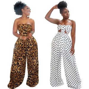 Sommar Sexig 2 Piece Outfits för Women Fashion Dot Leopard Print V-Neck Wrapped Chest Top Loose Wide Leg Pants Set Plus Storlek