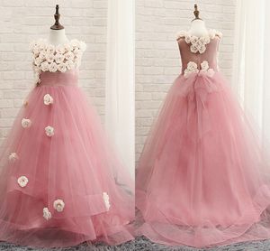 Hand Made Flowers Ball Gown Flower Girl Dresses 2019 Pleats Tiered Sash First Holy Communion Dress Girls Prom Dress Pageant Dress Toddler