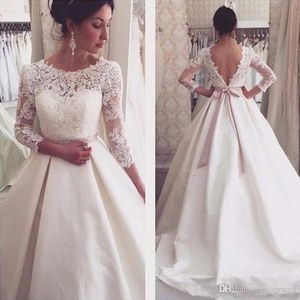New Arrival Elegant Long Sleeve Lace Wedding Dresses Backless Satin A Line Wedding Gowns Bridal Bride Dress robe de mariage Custom Made