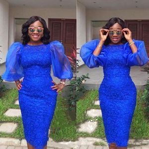 Aso ebi Short Cocktail Dresses with Puffy Sleeve Royal Blue African Prom Dresses Lace Knee-length Sheath Evening Party Wear Gown