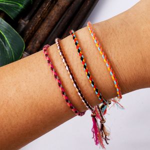 Moda - Handmade 4 Mieszane Kolor Bawełniana Lina Woven Vsco Girl Lucky Przyjaźń Bransoletka Rainbow Boho Copper Bead Anklet dla kobiet i dziewcząt