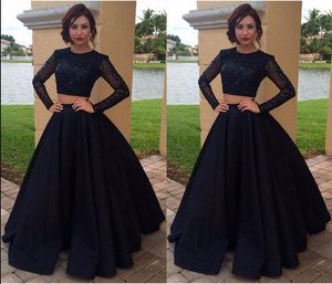 2019 new Black two Pieces Dresses Evening dresses 2017 Elegant Long Sleeves Beaded bodice Satin Prom Gowns A-Line Formal Party Dress