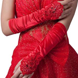 Women Bridal Long Gloves Fingerless Embroidery Lace Glitter Sequins Solid Color Length Mittens Hook Finger Wedding
