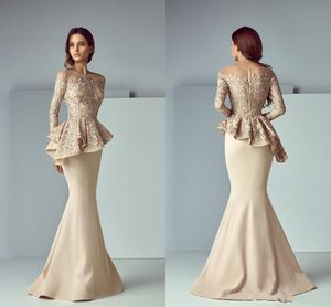 2023 Sexy Evening Dresses Champagne Plus Size Mermaid Arabic Sheer Neck Long Sleeves Lace Appliques Ruffles Sweep Train Prom Party Gowns Mother Dress