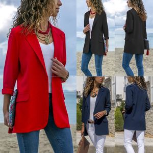 Женщины тонкий сплошной цвет с длинным рукавом отворотный костюм с поддельными карманами Женщины Blazers Топ Куртка (красный черный и военно-морской) размер (S-XL)
