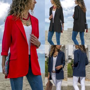 Mulheres Slim Cor Sólida Terno de Lapela de Manga Longa Com Bolso Falso Mulheres Blazers Top Jacket (Vermelho Preto e Marinha) Tamanho (S-XL)