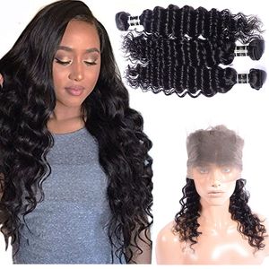 Indian Virgin Hair Deep Wave 360 Lace Frontal Pre Plucked With Baby Hair 3 Bundles With 360 Frontal Closure Free Part 8-30inch