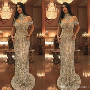 2020 arabski kryształy Rhinestone Kryształy Odblaskowe Suknie Wieczorowe Wysokiej szyi Koraliki Krótki Rękaw Świeży Syrenka Prom Dress Dubai Sukienki Celebrity