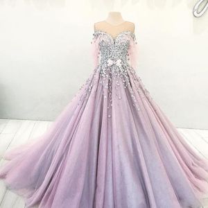robe de soiree Dubai Evening Dresses Lavender vestido de festa longo Beaded Formal Gown Prom Dress Long Sleeves abendkleider
