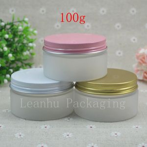 50 x 100g Frosting White Pet Cream Jars, rund plastbehållare med rosa / guld / vit aluminiumskruv, kosmetisk flaska