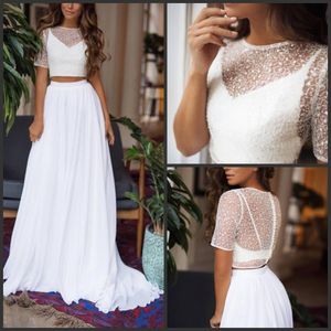 2019 Nya Billiga Enkla Bröllopsklänningar Två Pieces Plus Size Bohemian Sequined Bridal Gown A Line Spring Lace Bröllopsklänningar för Brudar