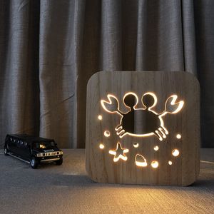 새로운 나무 게 밤 램프 3D LED 야간 조명 침실 장식 따뜻한 화이트 독특한 빛 생일 파티 선물