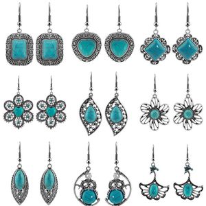 Bohemian Vintage Charm Turquoise Heart Designer Earring For Woman Party Jewelry Silver Plated Rhinestone Flowers Owl Feather Pendant Long Earring Friend Gift