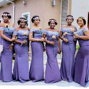Sydafrika Lilac sjöjungfru brudtärna klänningar av axlarna Billiga spetsar Bodice Plusstorlek Anpassade Backless Fitted Prom Evening Gowns 2019