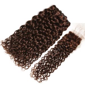 Wet and Wavy Chocolate Brown Brazilian Human Hair Weave Bundles with Closure Dark Brown Water Wave 3Bundles with 4x4 Lace Closure 4Pcs Lot