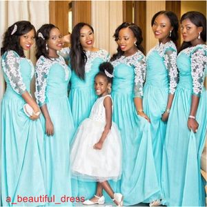 Новые Blue Bridesmaid Платья Кружева Длинные Рукава Шифон Свадебное Платье Дешевые Арабские Платья Доуля Bridesmaids Формальные платья