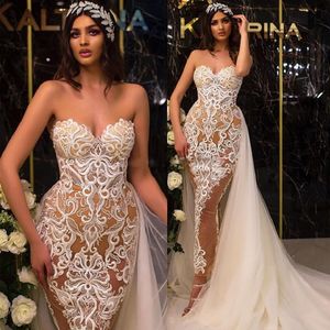 Sexy Illusion Detachable Train Wedding Dresses Sweetheart Lace Appliques Champagne Ankle Length Bridal Gowns Arabic Dubai Wedding Gown