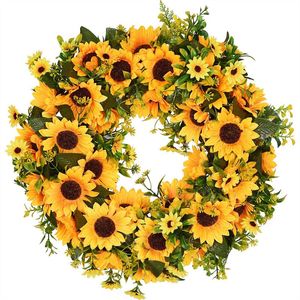 Künstlicher Sonnenblumen-Sommerkranz, 40,6 cm, dekorativer Fake-Blumenkranz mit gelben Sonnenblumen und grünen Blättern für die Haustür I