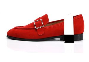 Czerwony poślizg na sukience klamry mężczyźni buty moda plac toe loafer handmade buty palenia mnicha party sukienka ślubne buty