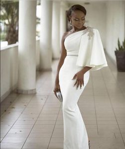 Suknie wieczorowe Nosić Biały Jeden Ramię Pół Rękawy Mermaid Formalny Frezowanie Afryki Dubai Kobiety 2019 Długa Płaszcza Prom Robe De Soiree Suknia