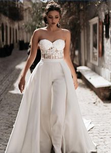Lace Appliqued Mother of the Bride Suits Jumpsuits With Detachable Skirts Sweetheart Tulle Beach Wedding Dress Boho Bridal Gowns