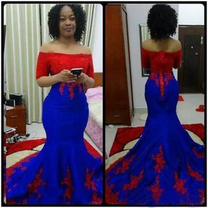 Formalne Red and Royal Blue Mermaid Prom Dresses South Aafrican Plus Size Kobiety Suknie Wieczorowe Koronkowe Aplikacje Off Ramię Formalna Party Dress