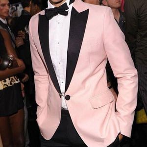 Wholesales- Pink Evening Party Formal Men Suits Fashion Black Peaked Lapel Two Piece Wedding Groom Tuxedos Custom Made (Jacket + Pants )