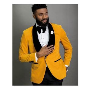 Handsome Yellow Velvet Groom Tuxedos Shawl Collar Man Party Dress Prom Blazer Coat Trousers Sets Business Suits (Jacket+Pants+Bow Tie) K83