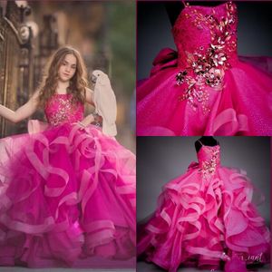 Fuchsia Princess Little Girls Pageant Klänningar 2020 Spaghetti Straps Backless Ruffles Pärlor Flower Girl Dresses Formella Party Gowns Al3911