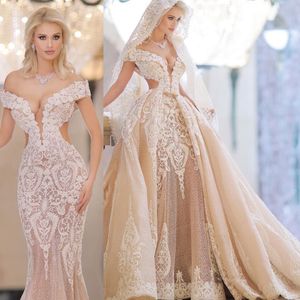 Lüks Mermaid Overskirts Gelinlik 2019 Dantel Aplike Kapalı Omuz Kapalı Afrika Gelinlikler Ayrılabilir Tren Ile Vestido de Novia