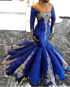 Ny ankomst Royal Blue Sequined Evening Sweetheart Gold Lace Appliques Mermaid Ruched Prom Dresses Plus Size Party Party Gowns 0424