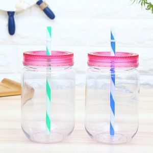 16OZ الإبداعية البلاستيك ميسون جرة مع سترو وغطاء الصيف DRINKWARE القدح السفر عن المياه الباردة