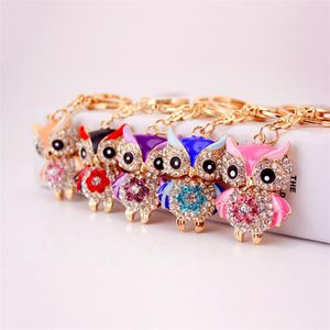 Coruja Chaveiro animal Anel esmalte strass Cristal liga metálica Pingente Car Key Chains Gold Tone banhado a gota de óleo de encantos bonito saco mulheres