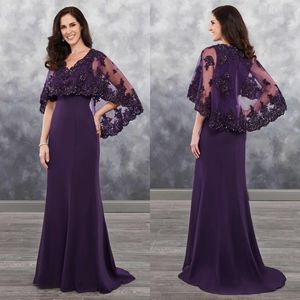 Dark Purple Mermaid Prom Dresses Sweep Tail Mother Of The Bride Dress With Lace Jacket Sexy V Neck Evening Gowns