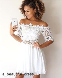 White Short Homecoming Dresses Bateau Neck Off The Shoulder Half Sleeves Lace Chiffon Mini Prom Dresses Summer Autumn Party Prom Dresses