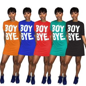 Women BOY BYE Letter T-shirt Dresses Solid Color Short Sleeve Mini Dresses Crew Neck Casual Long Tee Tops S-XL Summer Clothes Cheap 2719