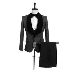 Ny ankomst One Button Black Paisley Bröllop Groom Tuxedos Sjal Lapel Groomsmen Män Passar Prom Blazer (Jacka + Byxor + Vest + Tie) W17