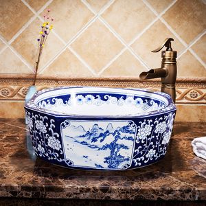 Wholesale blue basin resale online - Cloakroom blue and white landscape Counter Top porcelain wash basin bathroom sinks ceramic bathroom bowl