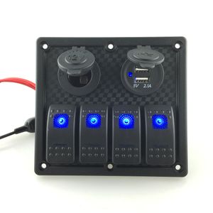 4 Gang Switch Panel 12V Strömuttag Dubbel USB Strömladdare Adapter Blå LED Aluminium Rocker Switch Panel för RV båt