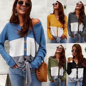 V-ringknapp Knit T-shirt Kvinnor Patchwork långärmad kappa knuten tröja Top Tie Knot Cardigan Casual Outwear Shirt LJJA2864