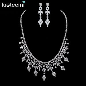 LUOTEEMI New Luxury White Gold-Color Multi Crystal Bridal Jewelry Set For Brides Necklace Wedding Party Accessories For Women