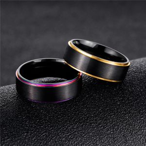 Rainbow Gold Side Brush Ring band finger Black Stainless Steel Wedding Rings Jewelry for Women Men Will and Sandy DropShip