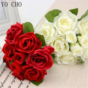 Silk Artificial Rose Flowers Bunch Mini Red Rose White Peony Wedding Bridal Home Party Christmas Decorations Fake Flowers