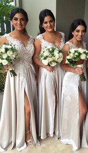 Split Long Bridesmaid Dress Jewel Neck Illusion Elegant Formal Dresses Silver Applices spetspärlor Brudtärna klänningar Maid of Honor -klänningar