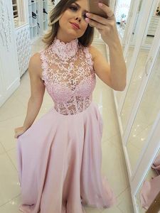 High Neck Pink Prom Klänningar Sheer Bead Lace Aftonklänningar Sexig See Through Cocktail Party Ball Red Carpet Dress Celebrity Formell Kappa