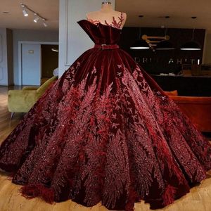 Luxury Feather Sequined Evening Dresses With O-Neck Sash Appliques Beads Ball Gown Prom Dress Customized robe de soiree