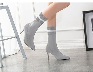 Hot Sale- Winter Boots Shoes Kitten Heels Elastic Pumps Boots Pointed Toe Sexy Stocking Socks Booties High Heel Shoes 9 cm Red Black Gray
