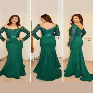 Emerald Green Mermaid Prom Sukienka Długie Eleganckie Top Koronki Rękawy Tight Satin Formalne Specjalne okazje Dresses na suknie wieczorowe 2018 Arabski